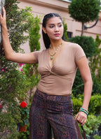 Kruvaze Yaka Kısa Kollu Kahve Crop Bluz 7313