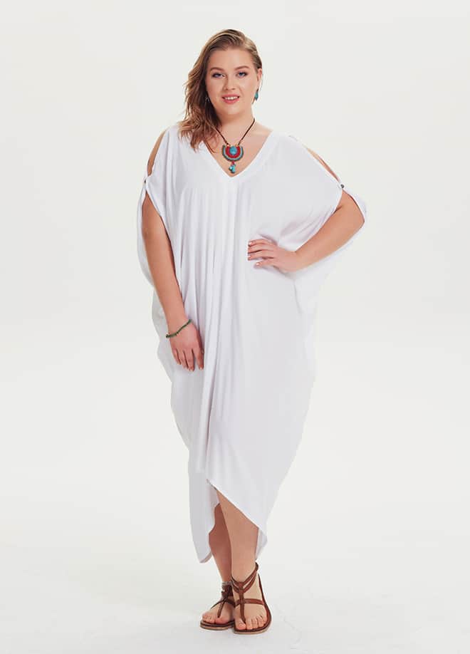 Boat Neck Off-the-Shoulder Plus Size White Dress 1227