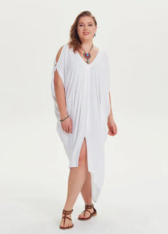 Boat Neck Off-the-Shoulder Plus Size White Dress 1227