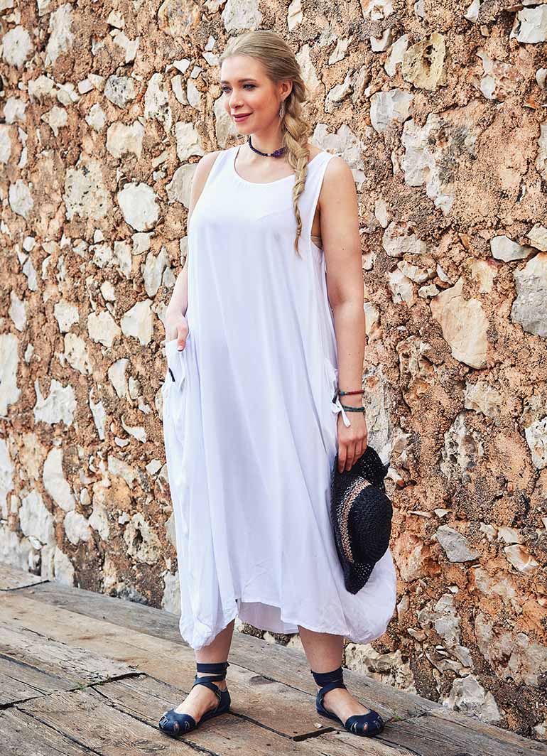 Boat Neck Button-Down Plus Size White Dress 1824