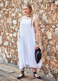 Boat Neck Button-Down Plus Size White Dress 1824