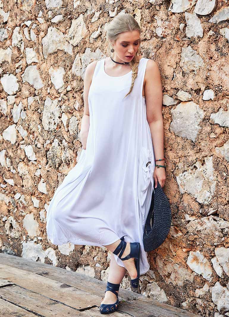 Boat Neck Button-Down Plus Size White Dress 1824