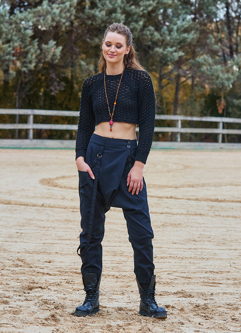 Black Bohemian Harem Pants with Drawstring Detail and Elastic Waist 6876
