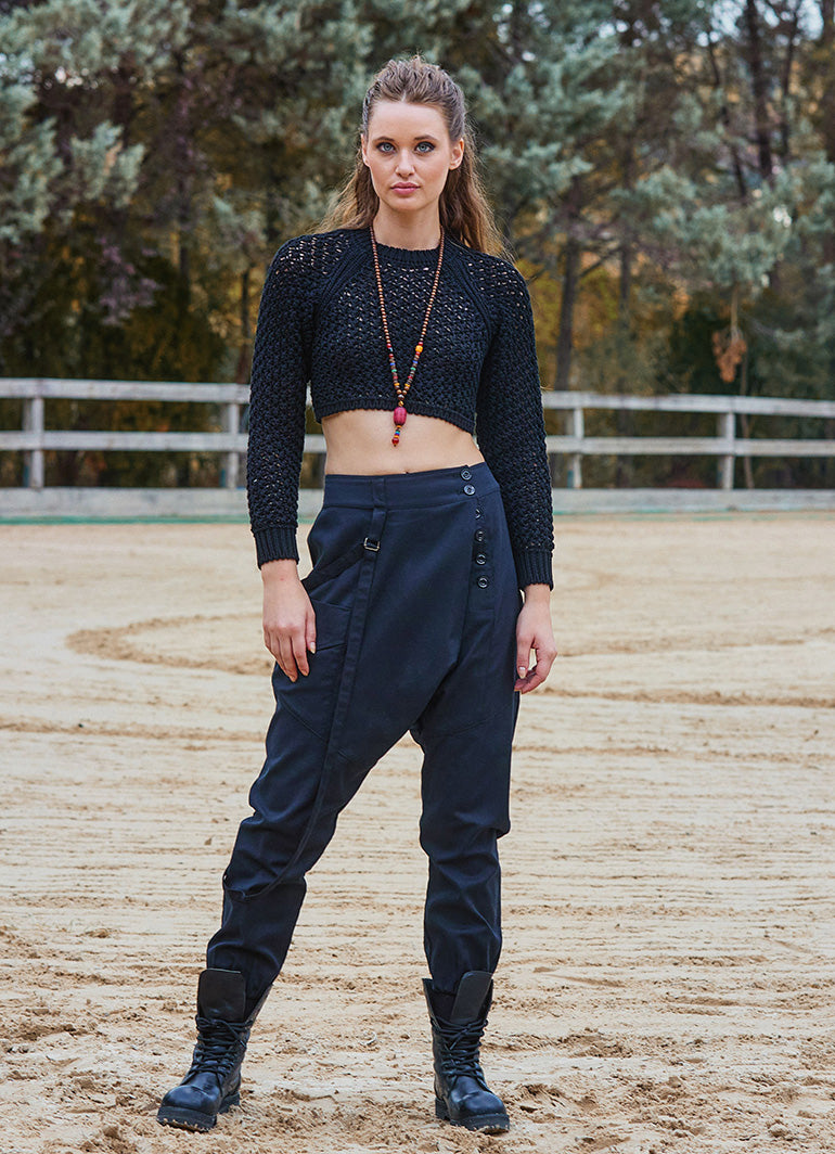 Black Bohemian Harem Pants with Drawstring Detail and Elastic Waist 6876