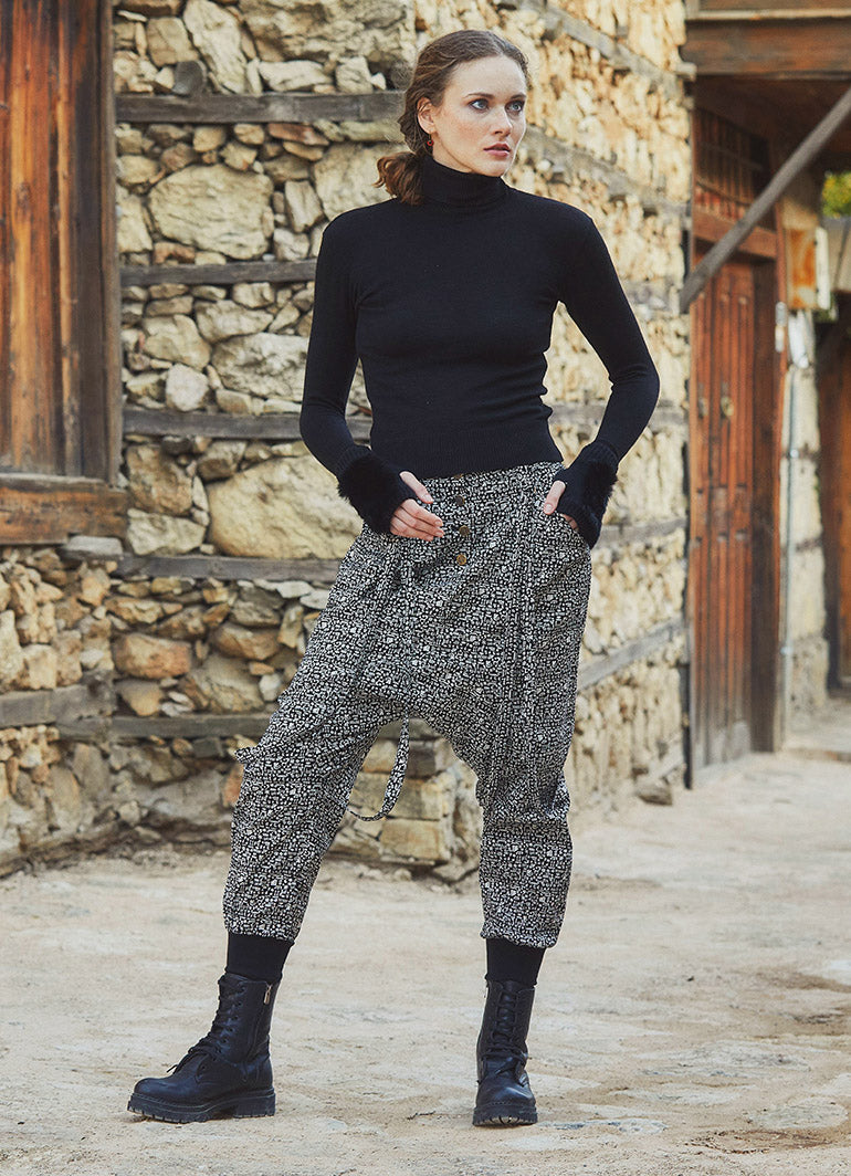 Patterned Harem Pants with Elastic Cuffs and Side Pockets 3260