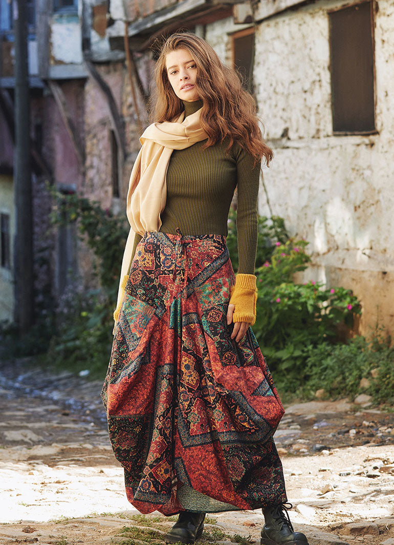 Black Patterned Long Skirt with Drawstring Waist and Pockets 4850