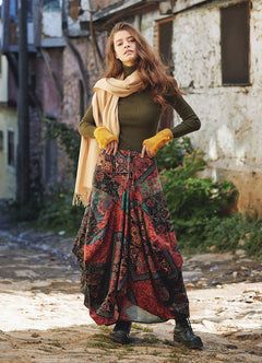 Black Patterned Long Skirt with Drawstring Waist and Pockets 4850