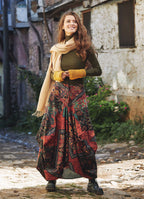 Black Patterned Long Skirt with Drawstring Waist and Pockets 4850