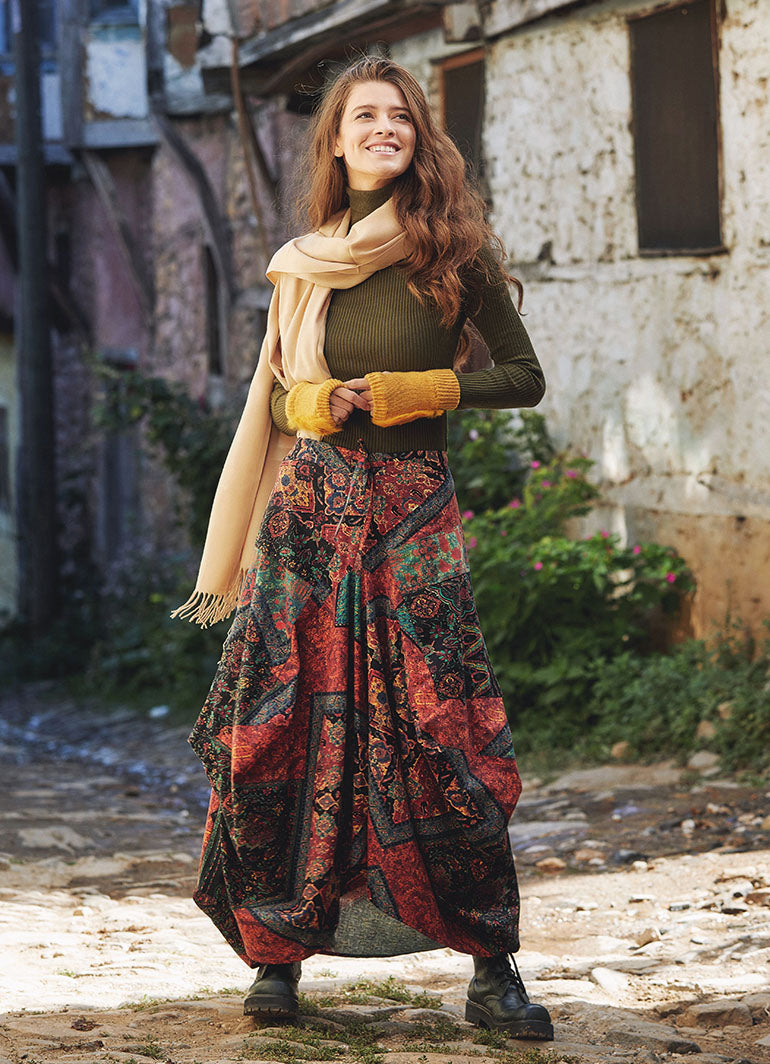 Black Patterned Long Skirt with Drawstring Waist and Pockets 4850