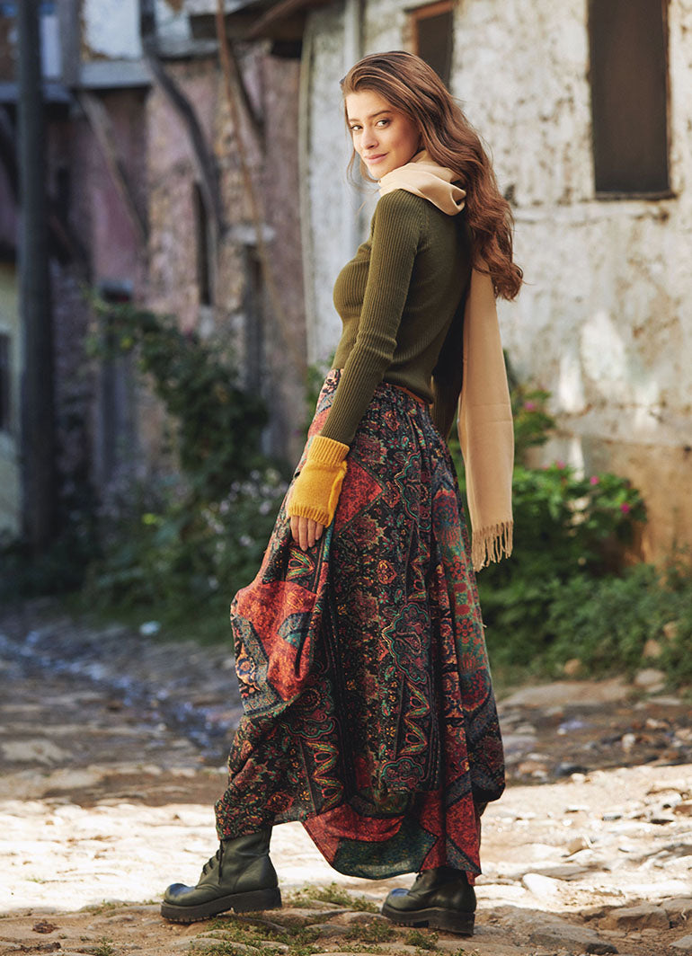Black Patterned Long Skirt with Drawstring Waist and Pockets 4850