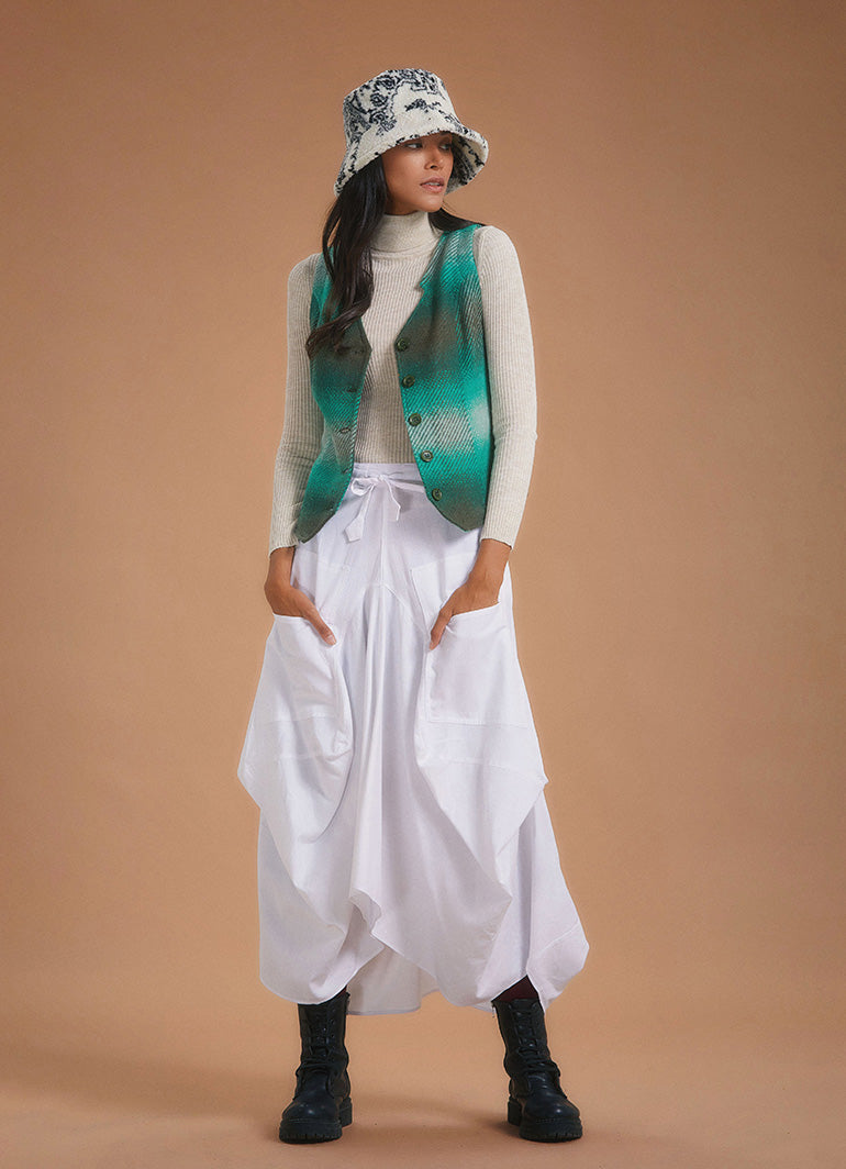 Bohemian Style White Long Skirt with Pockets and Drawstring Waist 1953