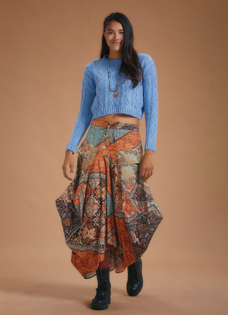 Coffee Patterned Long Skirt with Tie Waist and Pockets 5128