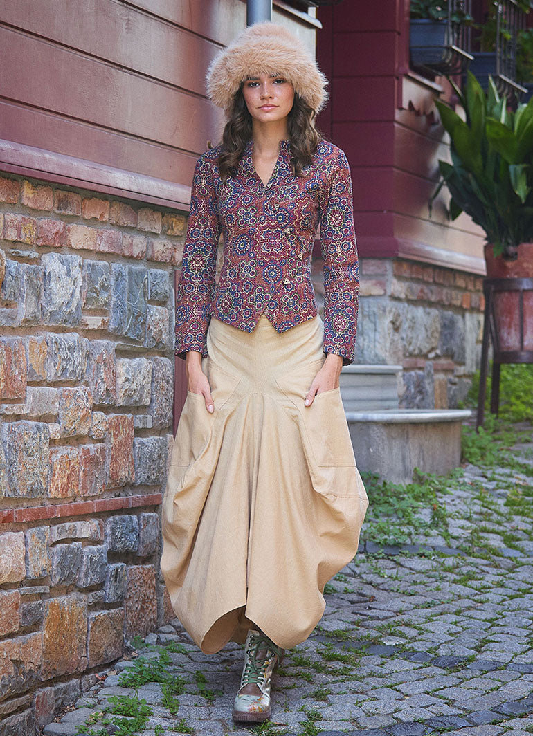 Bohemian Style Pocketed Drawstring Waist Long Loose Skirt 6465