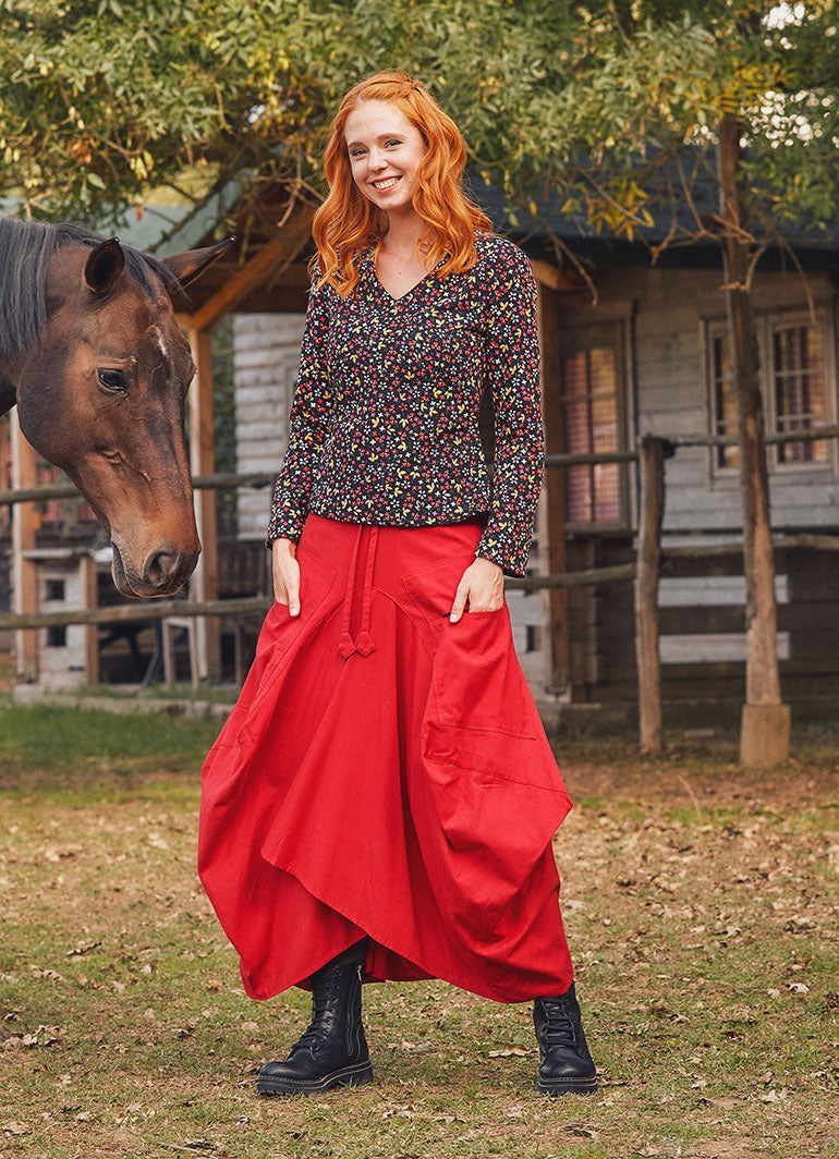 Authentic Red Long Skirt with Waist Tie and Pockets 63