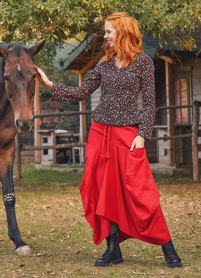 Authentic Red Long Skirt with Waist Tie and Pockets 63