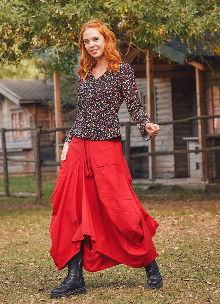 Authentic Red Long Skirt with Waist Tie and Pockets 63