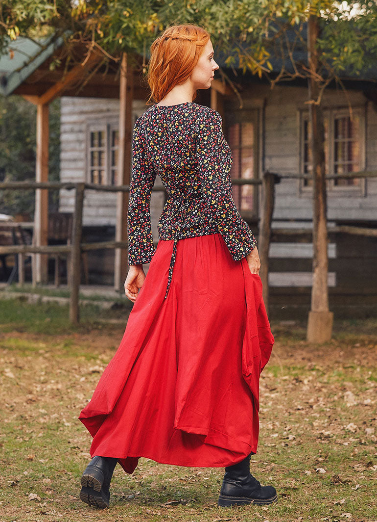 Authentic Red Long Skirt with Waist Tie and Pockets 63