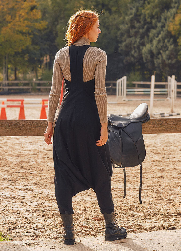 Halter Neck Open Back Black Harem Jumpsuit 2445