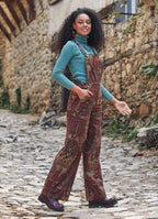 Kahveşal Desen Bahçıvan Bol Paça Salopet Kadın Tulum 4853