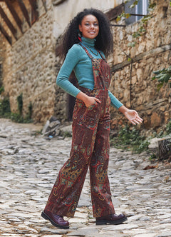 Kahveşal Desen Bahçıvan Bol Paça Salopet Kadın Tulum 4853