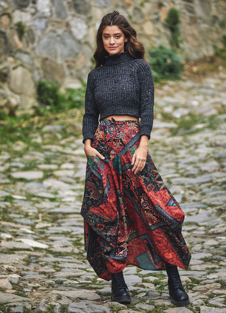 Black Patterned Long Skirt with Drawstring Waist and Pockets 4850