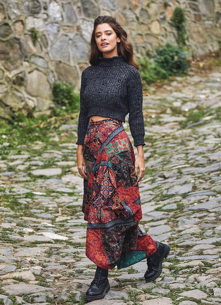 Black Patterned Long Skirt with Drawstring Waist and Pockets 4850