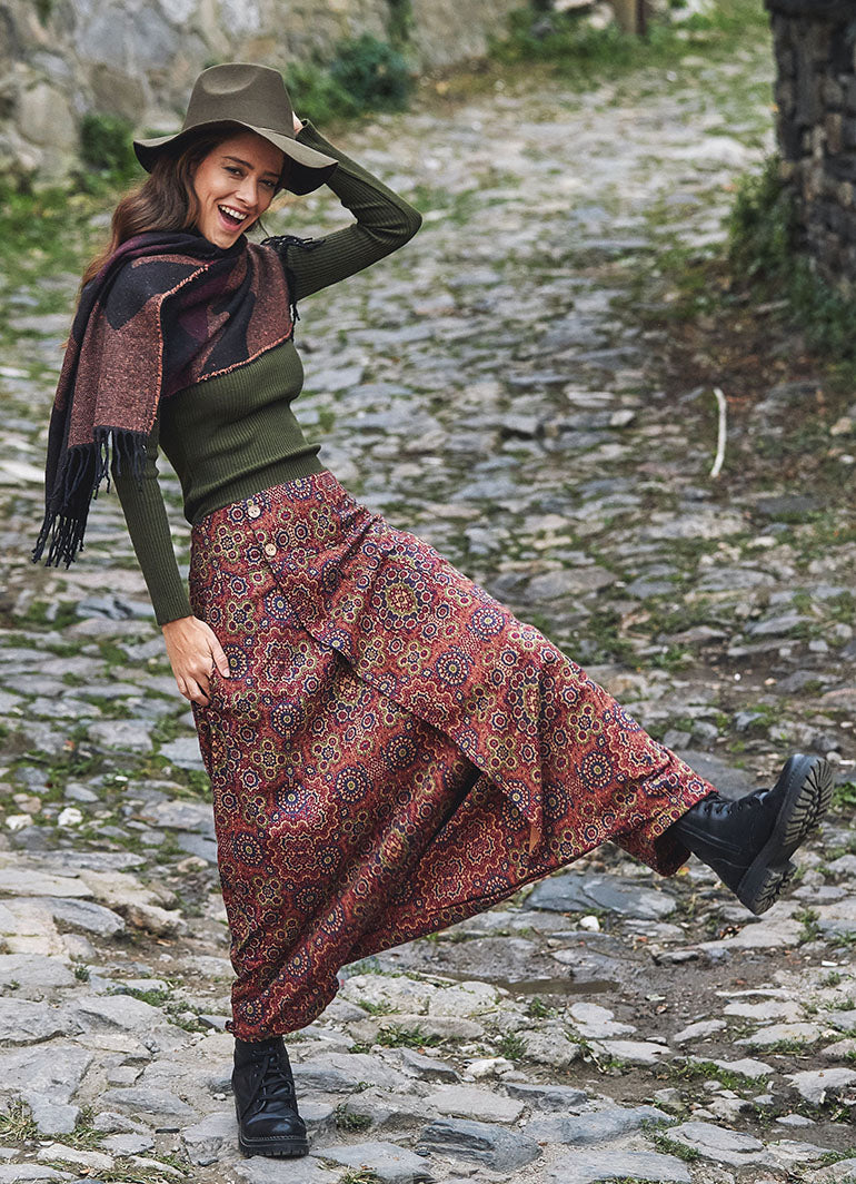 Retro Desenli Düğmeli Otantik Şalvar Pantolon 2363