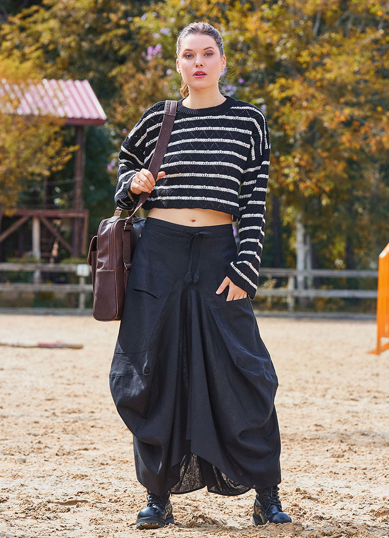 Black Asymmetrical Skirt with Pockets and Drawstring Waist 7003