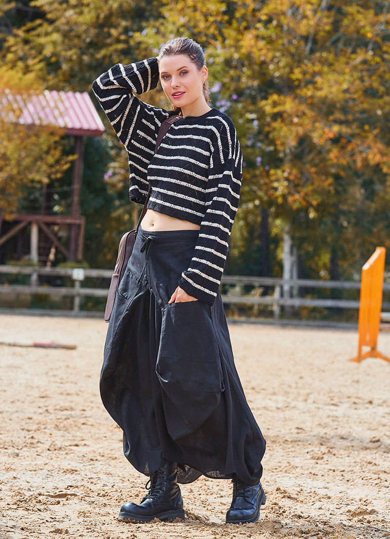 Black Asymmetrical Skirt with Pockets and Drawstring Waist 7003