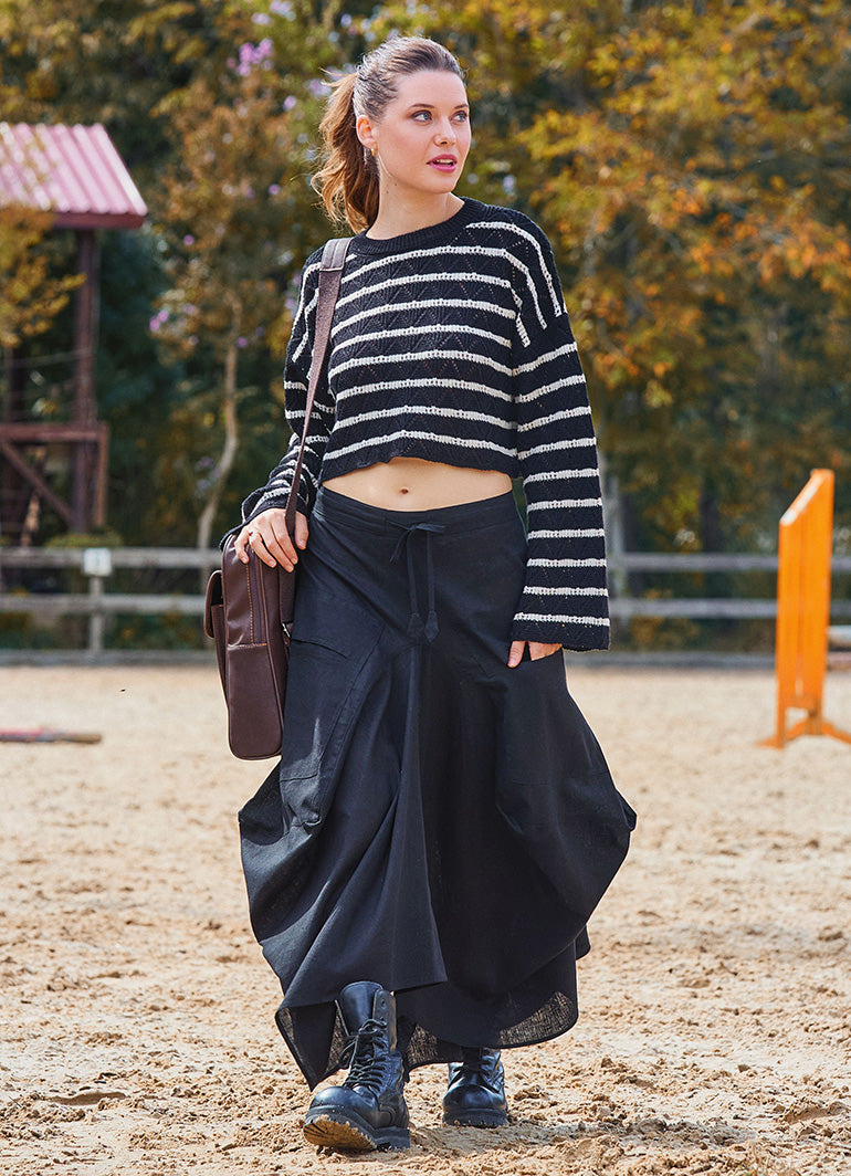 Black Asymmetrical Skirt with Pockets and Drawstring Waist 7003