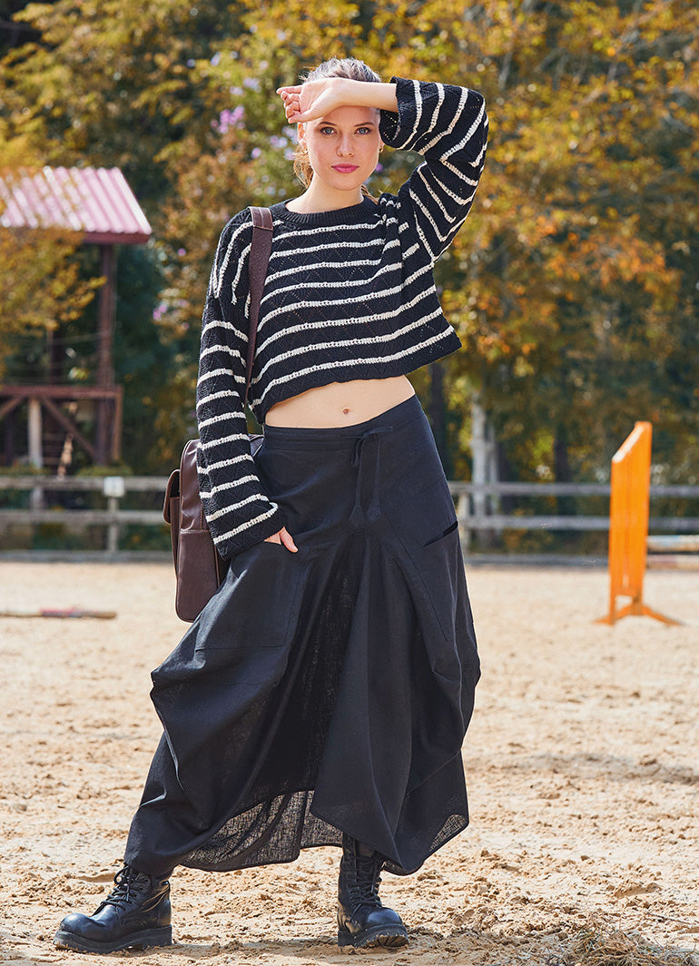 Black Asymmetrical Skirt with Pockets and Drawstring Waist 7003