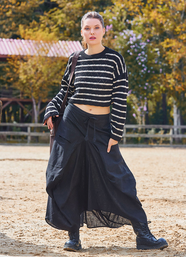 Black Asymmetrical Skirt with Pockets and Drawstring Waist 7003