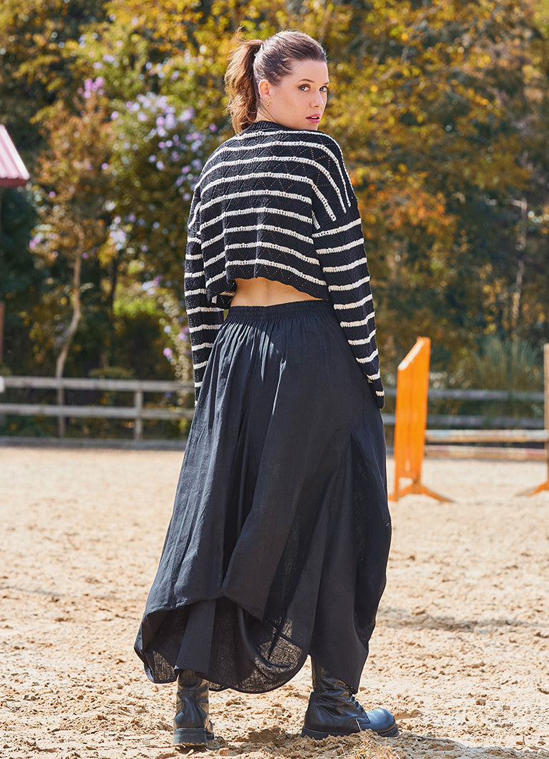 Black Asymmetrical Skirt with Pockets and Drawstring Waist 7003