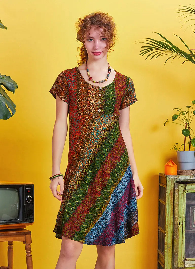 Önü Düğmeli Patchwork Kısa Kol Bohem Elbise 5232
