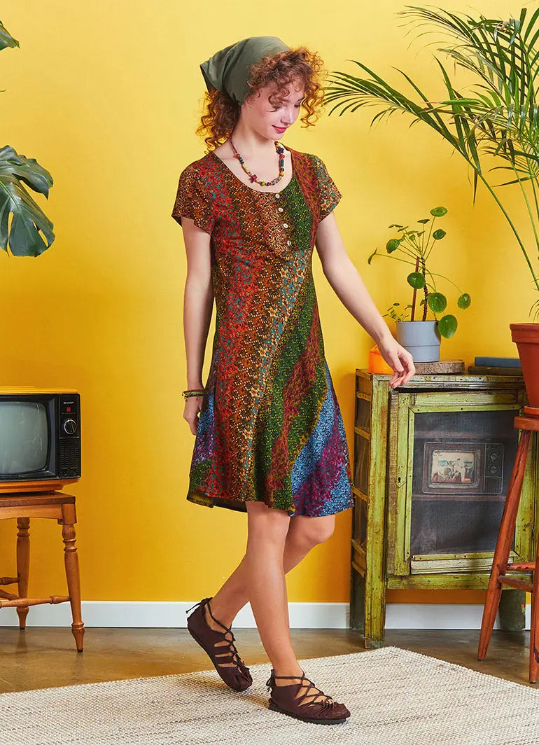 Önü Düğmeli Patchwork Kısa Kol Bohem Elbise 5232