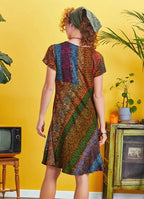 Önü Düğmeli Patchwork Kısa Kol Bohem Elbise 5232