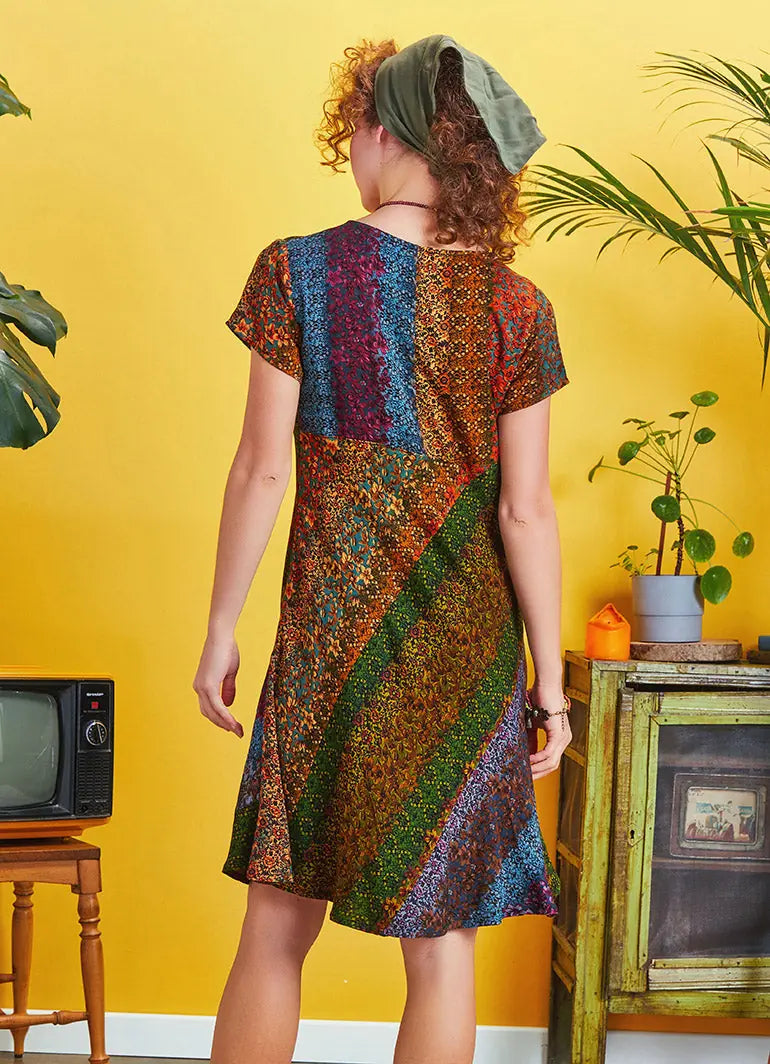 Önü Düğmeli Patchwork Kısa Kol Bohem Elbise 5232