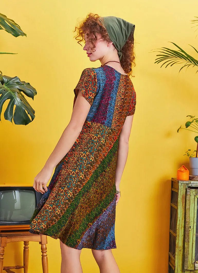 Önü Düğmeli Patchwork Kısa Kol Bohem Elbise 5232
