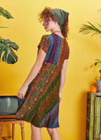 Önü Düğmeli Patchwork Kısa Kol Bohem Elbise 5232