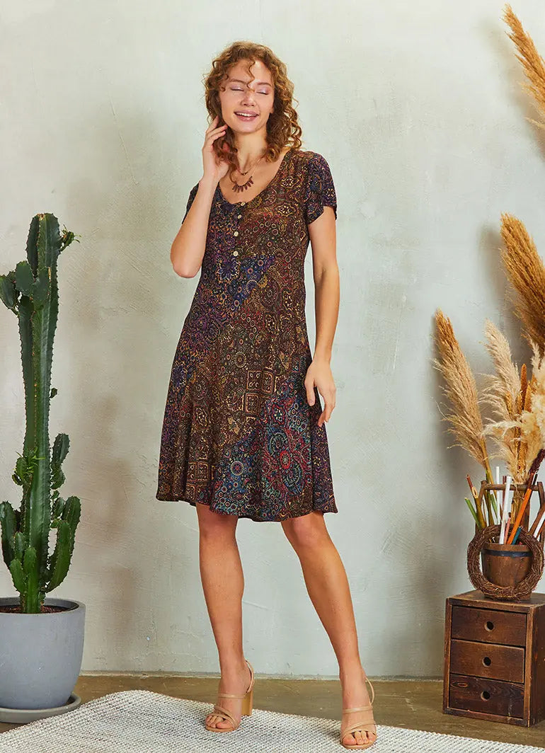 Önü Düğmeli Patchwork Kısa Kol Etnik Elbise 5233