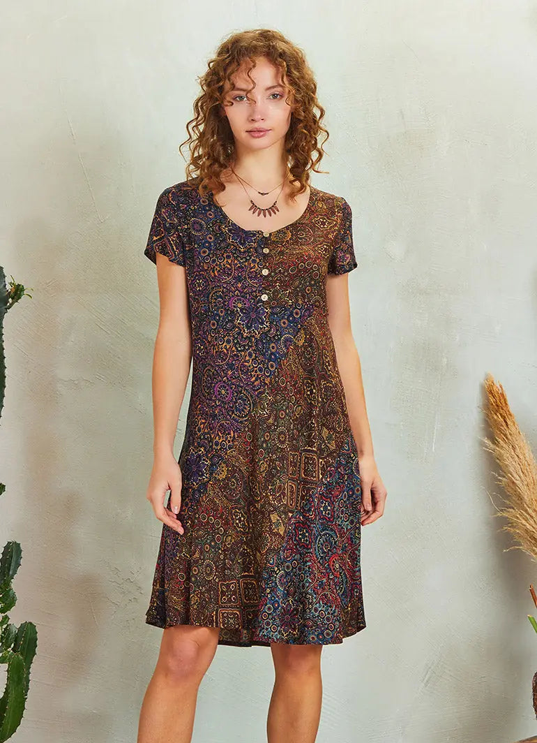 Önü Düğmeli Patchwork Kısa Kol Etnik Elbise 5233