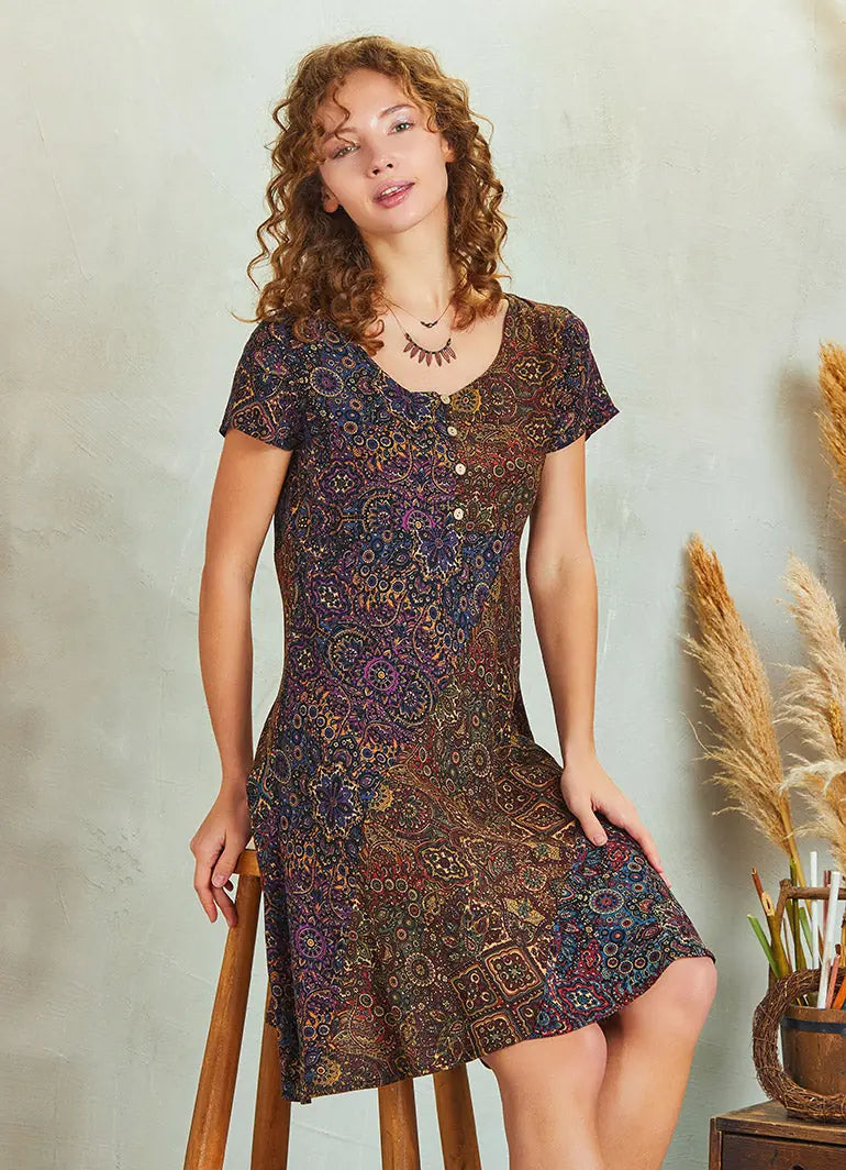 Önü Düğmeli Patchwork Kısa Kol Etnik Elbise 5233