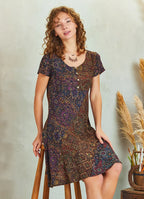 Önü Düğmeli Patchwork Kısa Kol Etnik Elbise 5233