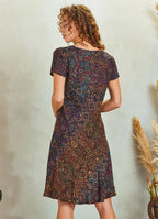 Önü Düğmeli Patchwork Kısa Kol Etnik Elbise 5233