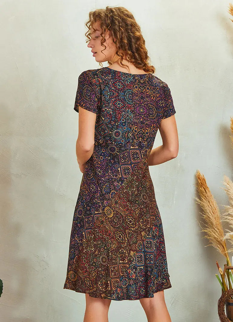 Önü Düğmeli Patchwork Kısa Kol Etnik Elbise 5233