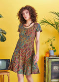 Önü Düğmeli Patchwork Kısa Kol Otantik Elbise 5234
