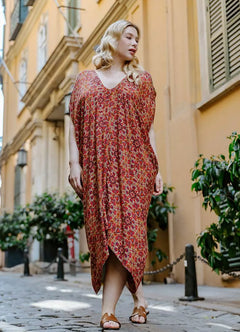 Red Patterned Boat Neck Plus Size Dress 6535