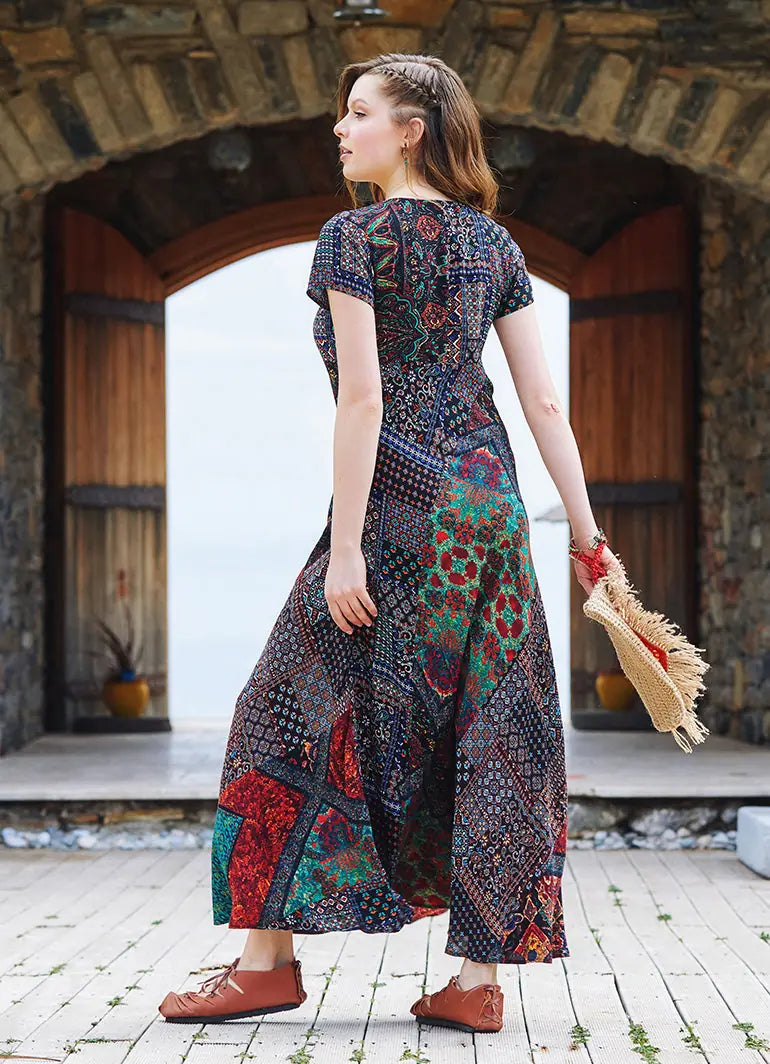 Otantik Desenli Bohem Tarz U Yaka Patch Elbise 3354