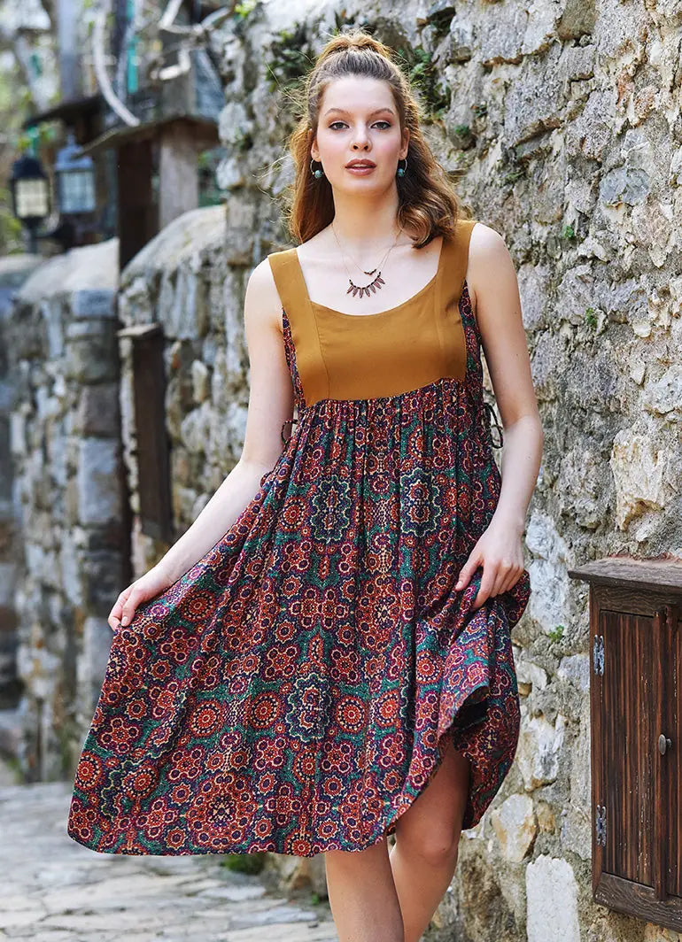 Retro Desenli Sırt Dekolteli Elbise 3331