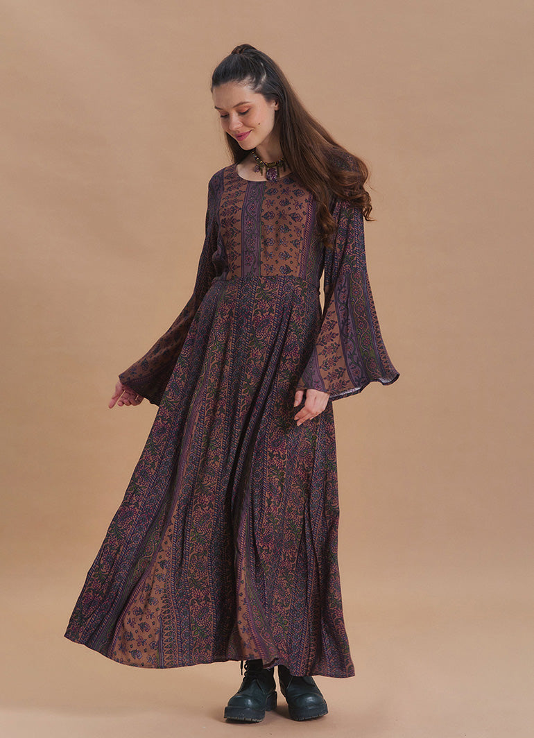 Boat Neck Tie-Waist Flared Sleeve Elba Patterned Long Sleeve Dress